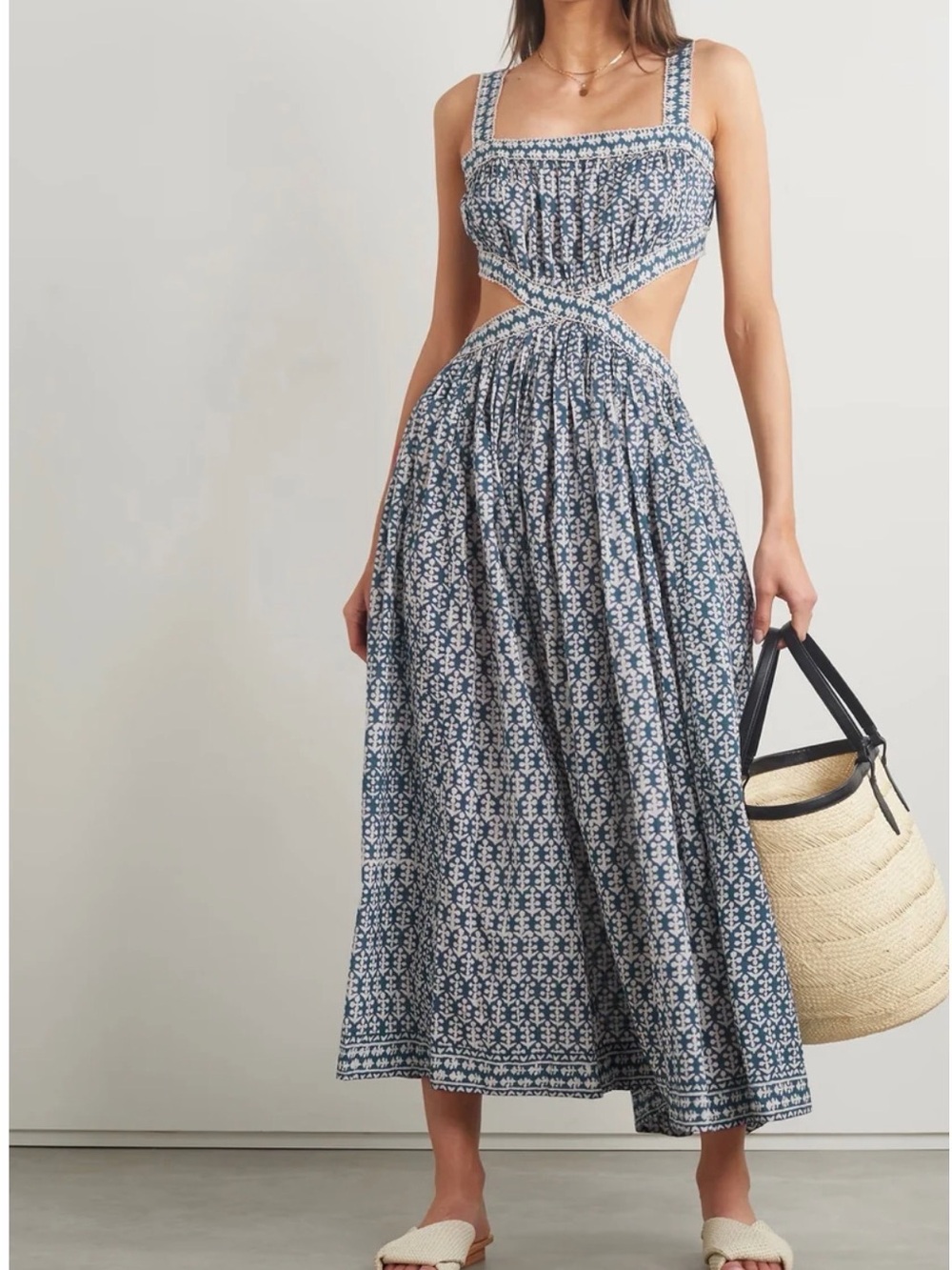 DÔEN Tasha Cutout Midi Dress in Blue & White | Size L